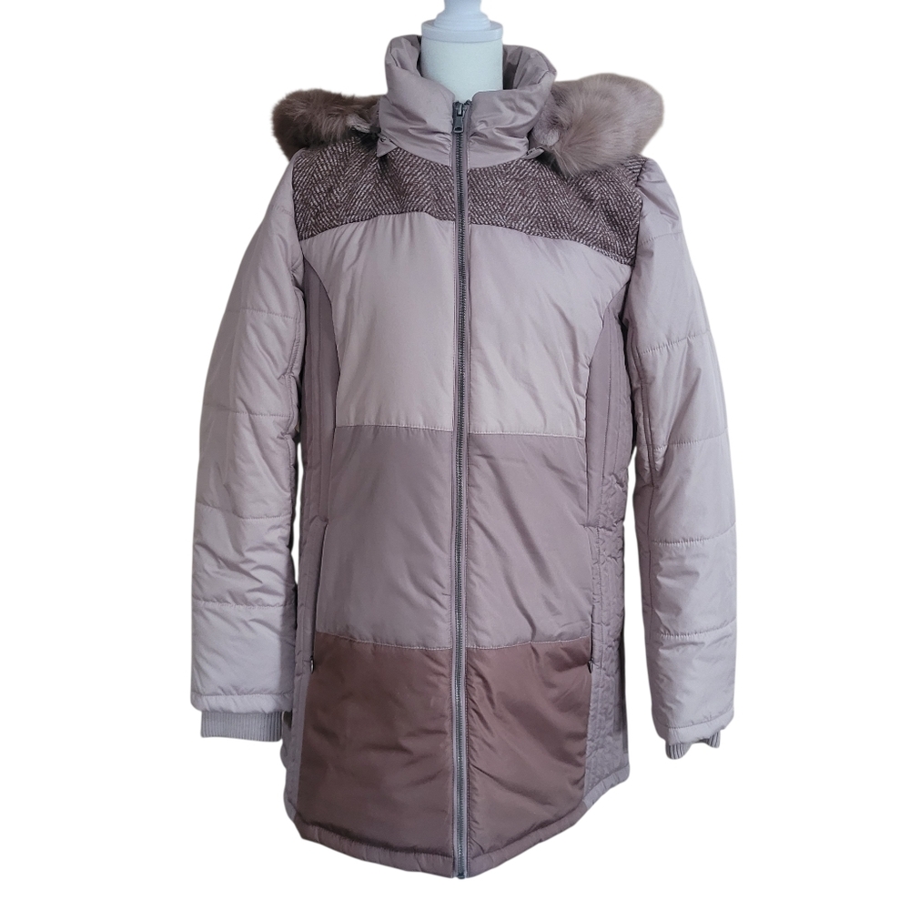 Like New Liz Claiborne Women's Mauve Quilted Jacket with Faux Fur Hood Size L - Picture 2 of 13